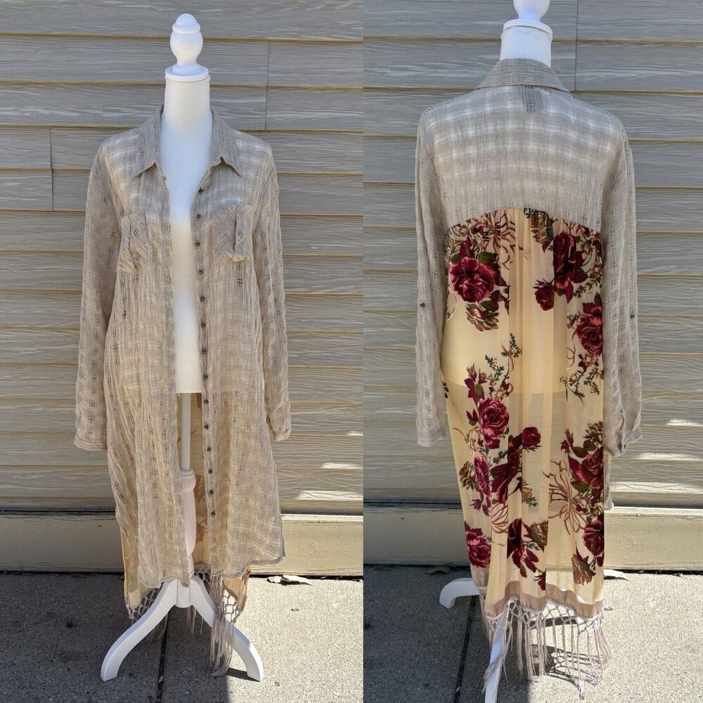 Aratta Silent Journey Floral Tunic Dress L Beige Roses Velvet Button Down